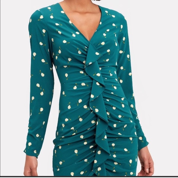 Intermix Teal Floral Long Sleeve Silk Mini Dress - Picture 2 of 9